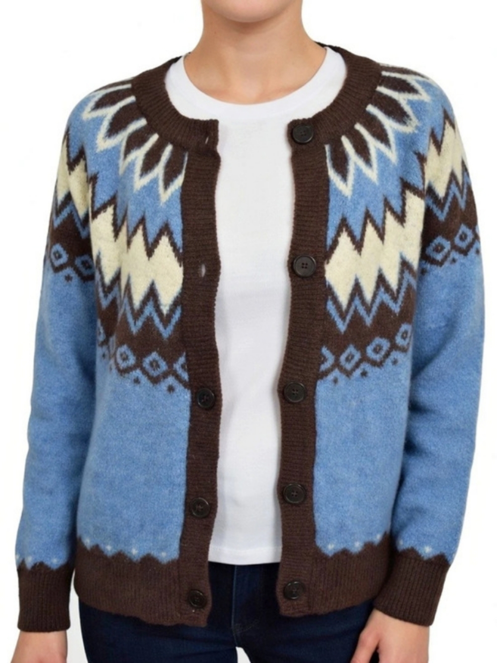 Joie Blue & Brown Fair Isle Knit Button-Up Cardigan Sweater Size L